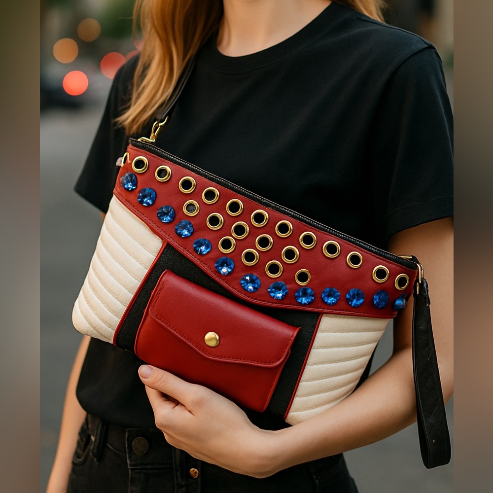 Miu Miu Nappa Biker Cry Vintage Rare red blue and white Studded Quilted Clutch✨ - Picture 3 of 10